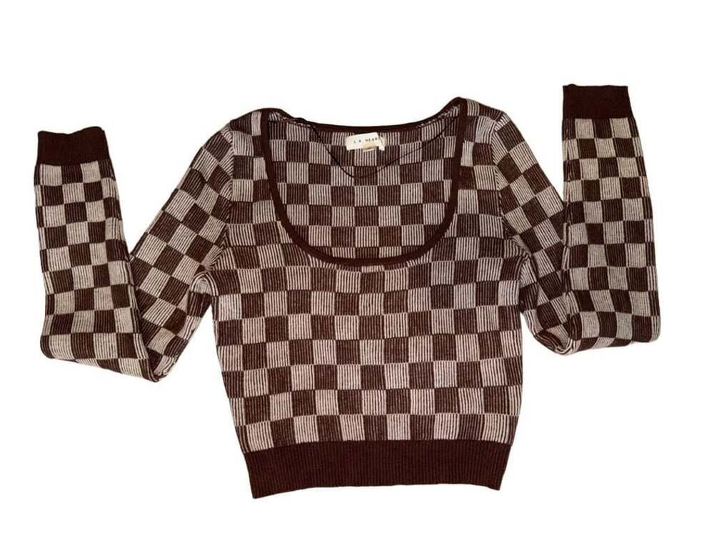 L.A. Heart Brown and Beige Checkered Knit Crop Top SMALL